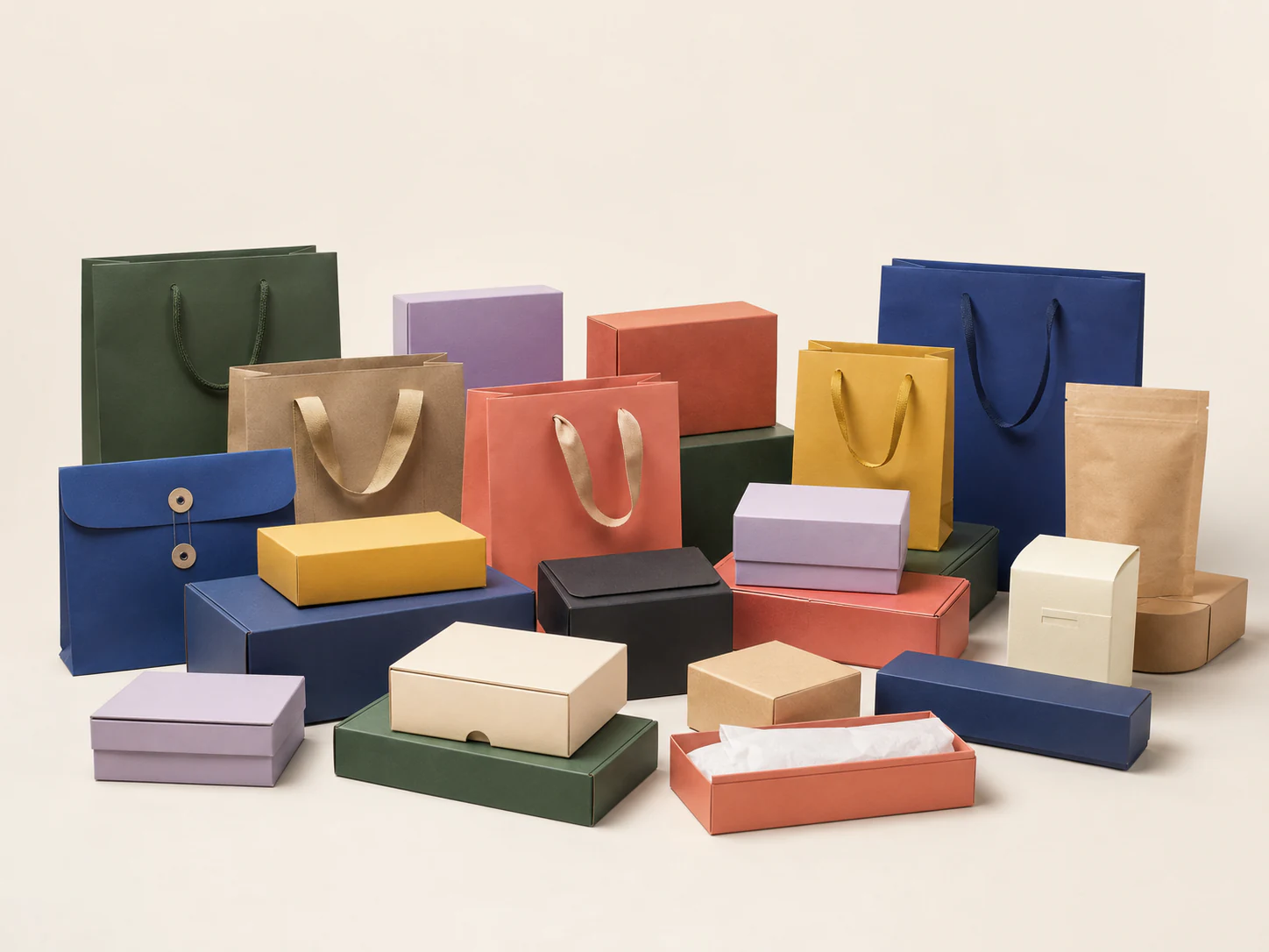 A colourful collection of paper shopping bags, gift boxes, cartons and paper pouches